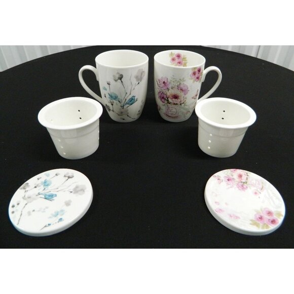Novel Korea Ceramic Tea Infuser Mugs Lids & Strainers Floral Bird Design Set  2 - Picture 1 of 16